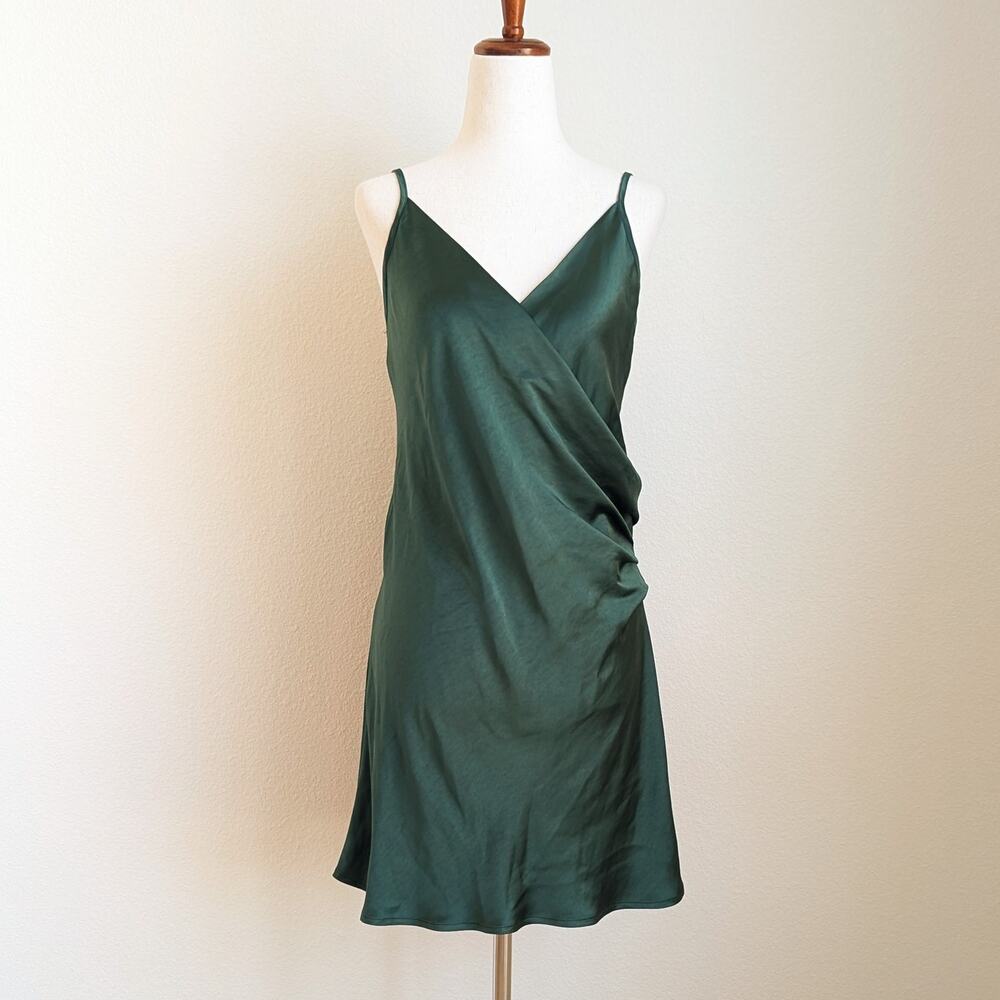 Blush & Day Emerald Green Satin Slip Wrap Sleeveless Short Dress, size S